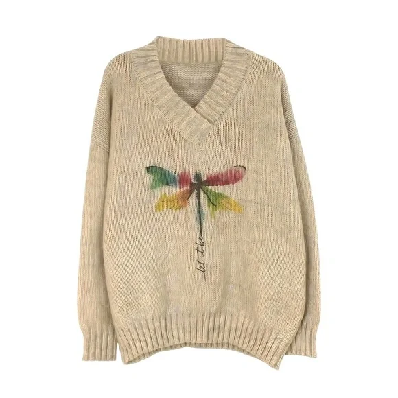 NEW Beige Dragonfly Pattern V Neck Oversized Pullover Sweater -Soft and Cozy! - Picture 3 of 5